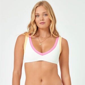 L*Space White, Pink, and Orange Ribbed Vacay Bikini Top